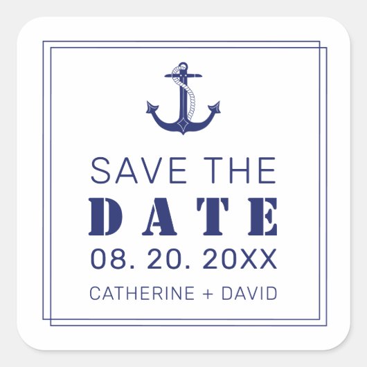 Nautical Blue Anchor Elegant Wedding Save the Date Quadratischer Aufkleber (Vorderseite)