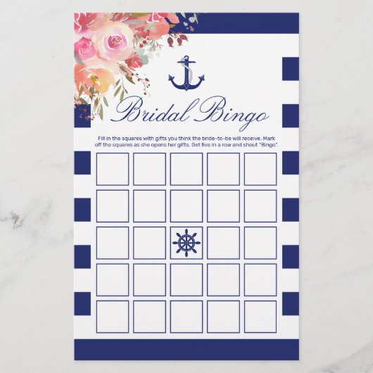 Nautical Blue Anchor Floral Bridal Bingo Game (Vorderseite)