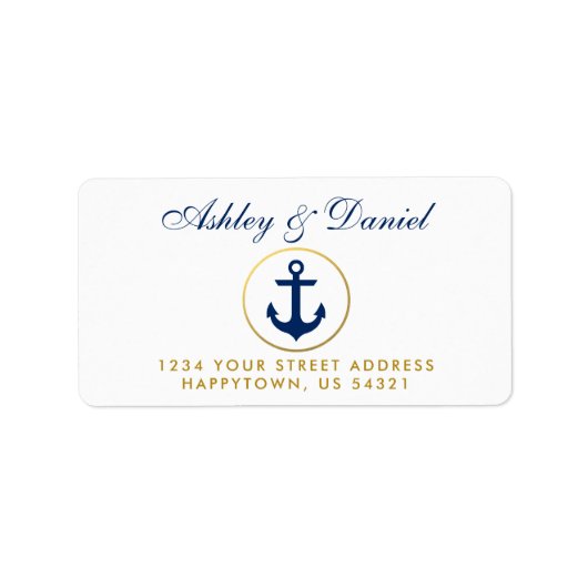 Nautical Blue Anchor Gold Ring Wedding Address Adressaufkleber (Vorne)