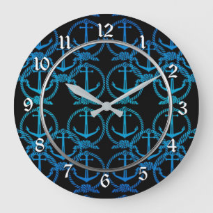 Nautical Blue Anchor Motif Round Wall Clock Große Wanduhr