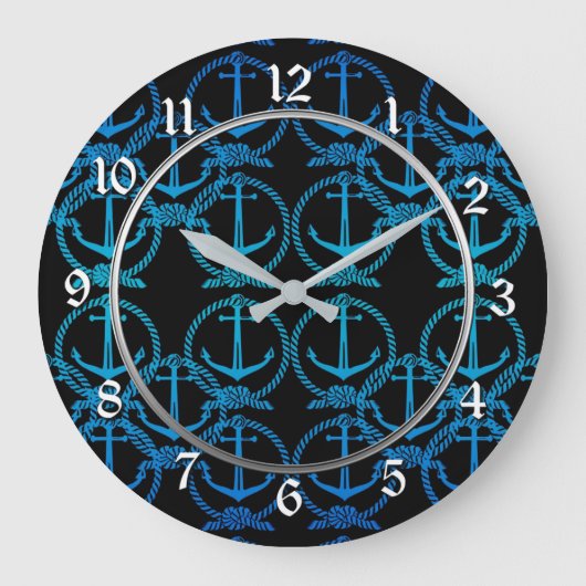 Nautical Blue Anchor Motif Round Wall Clock Große Wanduhr (Vorderseite)