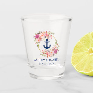 Nautical Blue Anchor Pink Floral Gold Ring Wedding Schnapsglas