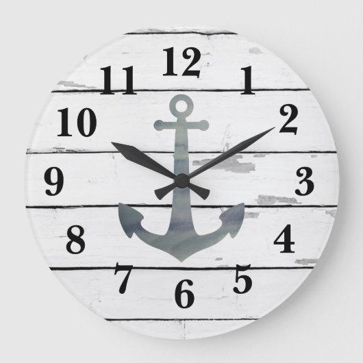 Nautical Blue Anchor Shiplap Rustisches Dekor Große Wanduhr (Vorderseite)