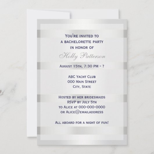 Nautical Blue Anchor Silver Wt BG / Bachelorette Einladung (Rückseite)