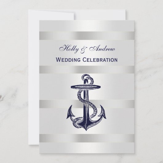 Nautical Blue Anchor Silver Wt BG V Wedding Einladung (Vorderseite)