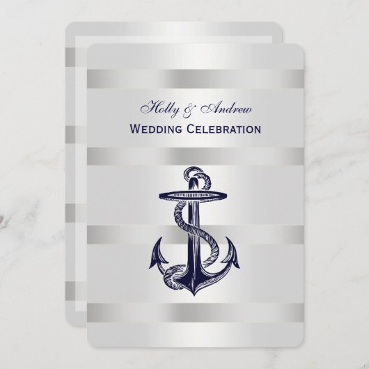 Nautical Blue Anchor Silver Wt BG V Wedding Einladung (Vorne/Hinten)