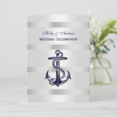 Nautical Blue Anchor Silver Wt BG V Wedding Einladung (Stehend Vorderseite)