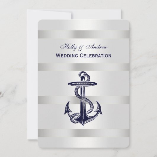 Nautical Blue Anchor Silver Wt BG V Wedding Einladung (Vorderseite)
