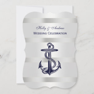 Nautical Blue Anchor Silver Wt BG V Wedding Einladung