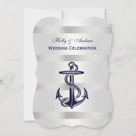 Nautical Blue Anchor Silver Wt BG V Wedding Einladung (Vorderseite)
