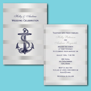 Nautical Blue Anchor Silver Wt BG V Wedding Einladung