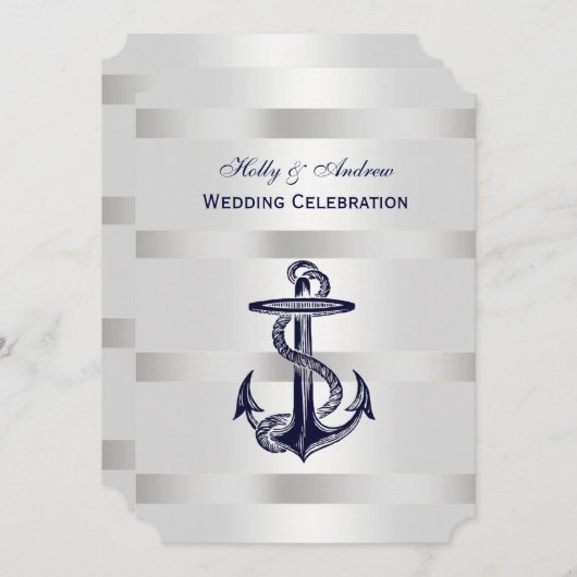 Nautical Blue Anchor Silver Wt BG V Wedding T Einladung (Vorne/Hinten)