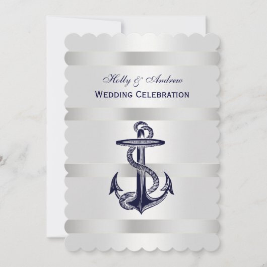 Nautical Blue Anchor Silver Wt BG V Wedding T Einladung (Vorderseite)