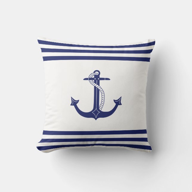Nautical Blue Anchor Simple Navy und White Strips Kissen (Vorderseite)