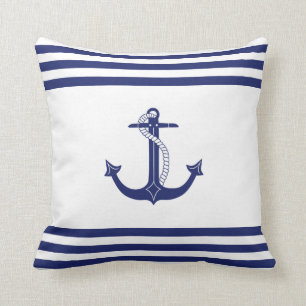 Nautical Blue Anchor Simple Navy und White Strips Kissen