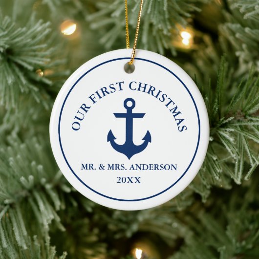 Nautical Blue Anchor Unser erstes Weihnachten Keramik Ornament (Baum)