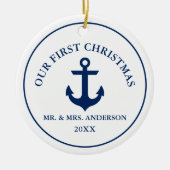 Nautical Blue Anchor Unser erstes Weihnachten Keramik Ornament (Vorne)