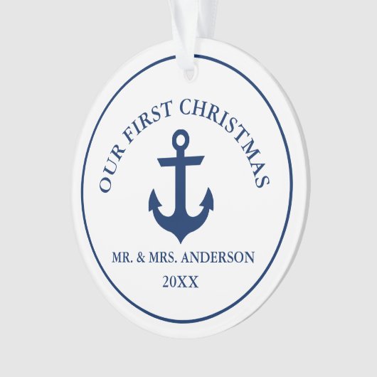 Nautical Blue Anchor Unser erstes Weihnachten Ornament (Vorderseite)