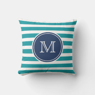 Nautical Blue Aquamarin Stripe Monogram Throw Pill Kissen