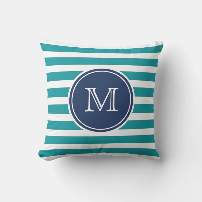 Nautical Blue Aquamarin Stripe Monogram Throw Pill Kissen (Vorderseite)