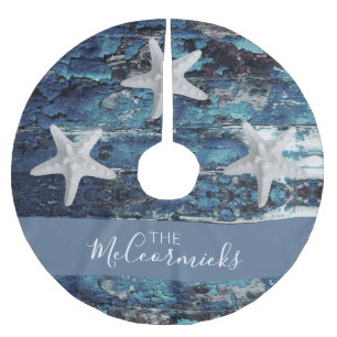 Nautical Blue Beach Rusticus Starfish Familienname Polyester Weihnachtsbaumdecke