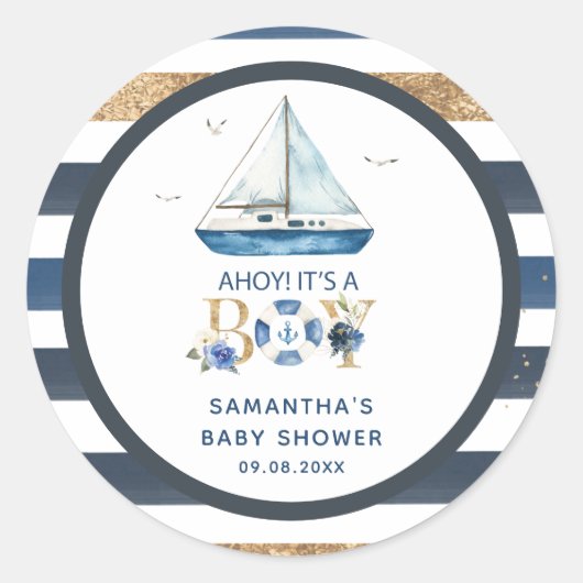 Nautical Blue Boat Ahoy Es ist ein Boy Shower Gefa Runder Aufkleber (Vorderseite)