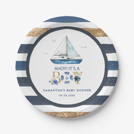 Nautical Blue Boat Ahoy Es ist eine Baby-Dusche Pappteller (Vorderseite)