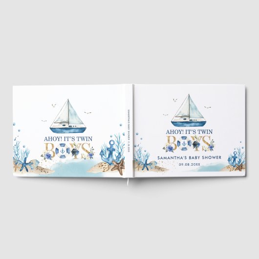 Nautical Blue Boat Ahoy Es ist Twin Boys Baby Show Gästebuch (Voll)