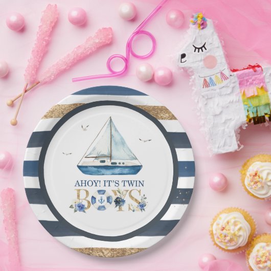 Nautical Blue Boat Ahoy Es ist Twin Boys Baby Show Pappteller (Party)