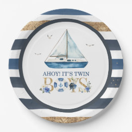 Nautical Blue Boat Ahoy Es ist Twin Boys Baby Show Pappteller