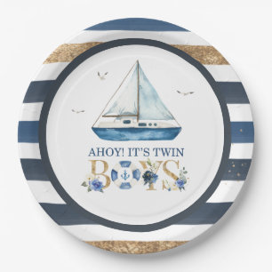 Nautical Blue Boat Ahoy Es ist Twin Boys Baby Show Pappteller