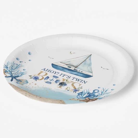 Nautical Blue Boat Ahoy Es ist Twin Boys Baby Show Pappteller (Schrägansicht)