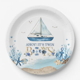 Nautical Blue Boat Ahoy Es ist Twin Boys Baby Show Pappteller