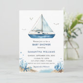 Nautical Blue Boat Baby Shower Einladung (Stehend Vorderseite)