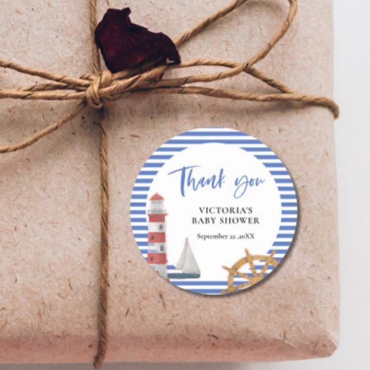 Nautical Blue Danke Baby Dusche Runder Aufkleber