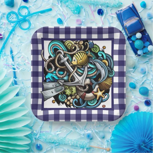 Nautical Blue Gingham Paper Plate Pappteller (Party)