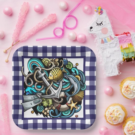 Nautical Blue Gingham Paper Plate Pappteller (Party)