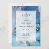 Nautical Blue Gold Agate Monogram Wedding Foto Einladung (Vorderseite)
