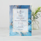 Nautical Blue Gold Agate Monogram Wedding Foto Einladung (Stehend Vorderseite)