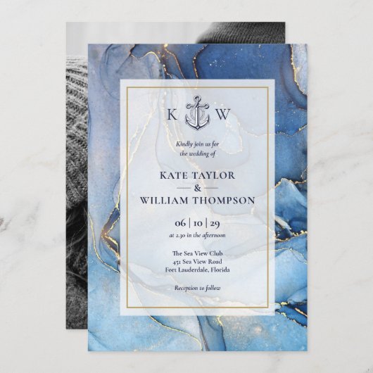 Nautical Blue Gold Agate Monogram Wedding Foto Einladung (Vorne/Hinten)