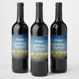 Nautical Blue Happy Birthday Beach Landschaft Cool Weinetikett