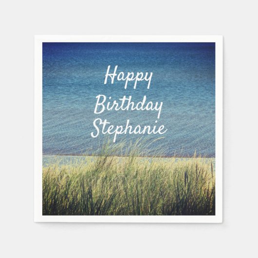 Nautical Blue Happy Birthday Beach Landschaft Nied Serviette (Vorderseite)