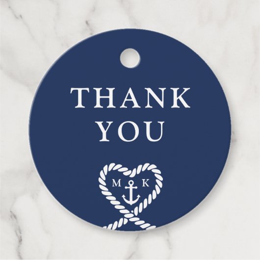Nautical Blue Heart Monogram Wedding Vielen Dank Geschenkanhänger (Vorderseite)
