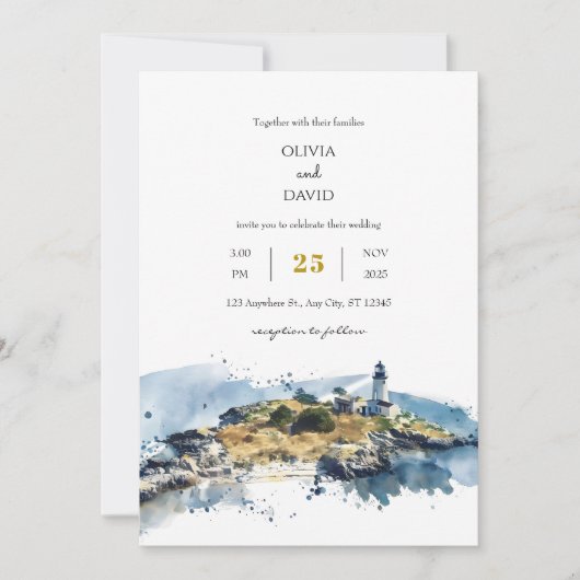 Nautical Blue Lighthouse Watercolor Beach Wedding Einladung (Vorderseite)