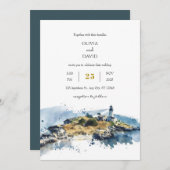 Nautical Blue Lighthouse Watercolor Beach Wedding Einladung (Vorne/Hinten)