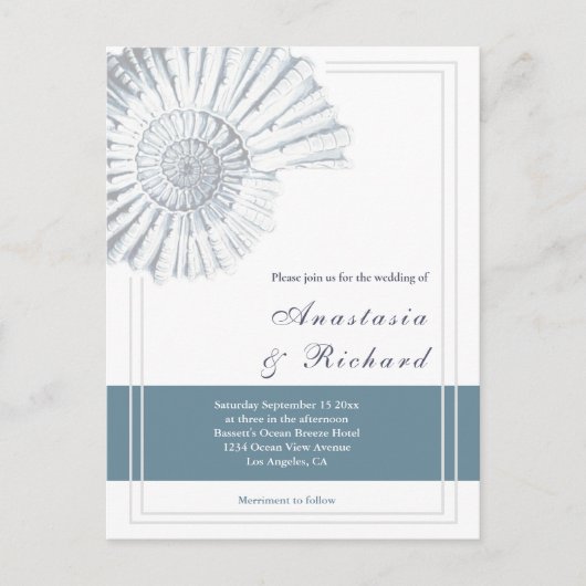Nautical Blue Muschel Budget Hochzeit Einladung Postkarte (Vorderseite)
