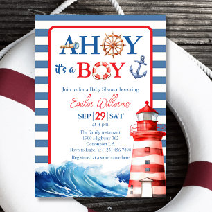 Nautical Blue Red Whimsical Ahoy Boy Baby Dusche Einladung