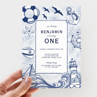 Nautical Blue Sailboat Leuchtturm 1. Geburtstag Einladung