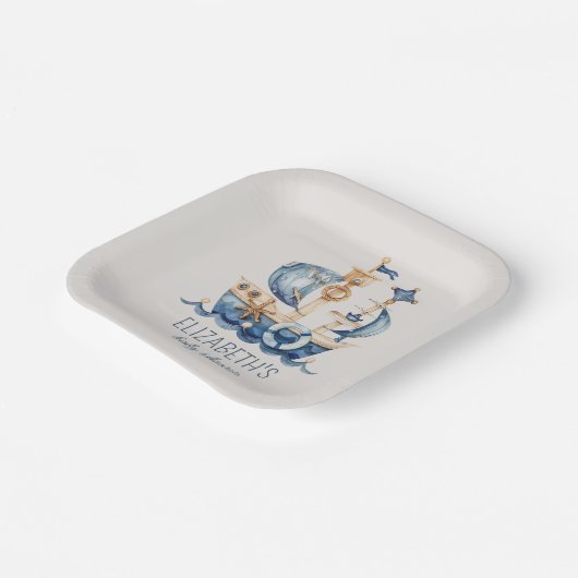Nautical Blue Sailing Ship Baby Shower Pappteller (Gewinkelt)