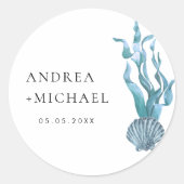 Nautical Blue Seashell Coastal Custom Wedding Runder Aufkleber (Vorderseite)